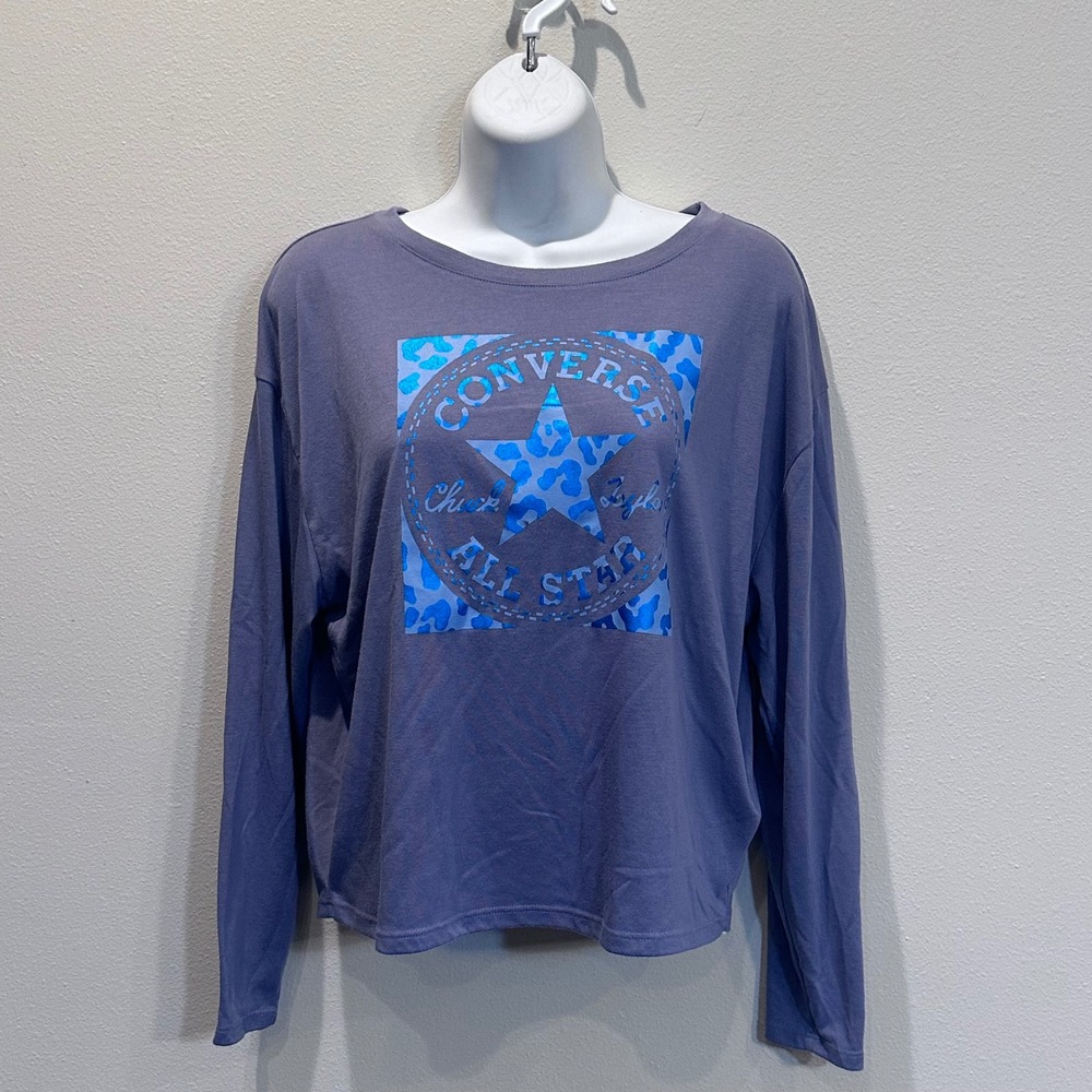 Converse All Star Long Sleeve T Shirt Kids XL Blue Leopard Print Graphic Tee